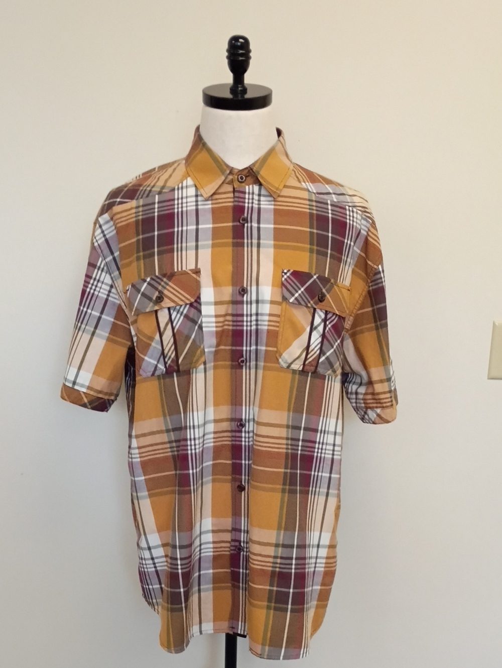 Knockout Jeans Plaid Short Sleeve Button Up Shirt Mustard Burgundy XXL